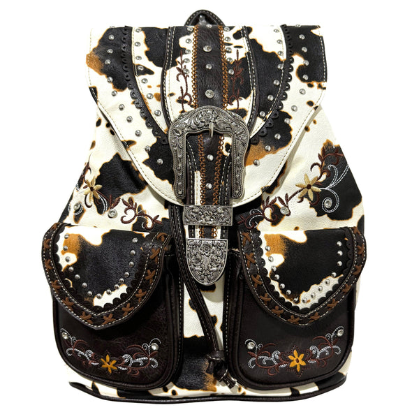 Cow Print Brown Western Leather Buckle Backpack