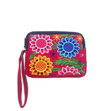 Floral Embroidered Coin Purse Wristlet Strap Zipper Bag