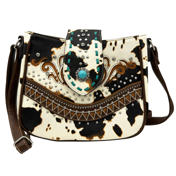 Crown Buckle Beige Cow Print Floral Western Crossbody Bucket Bag