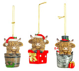 Bucket Gift Box Christmas Highland Cow Ornament 3 Ast