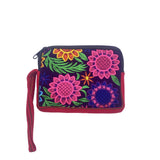 Floral Embroidered Coin Purse Wristlet Strap Zipper Bag