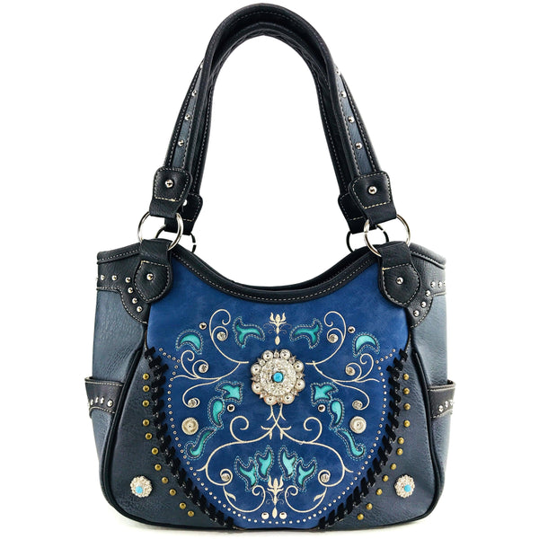 Western Concho Blue Floral Tote Purse for Women