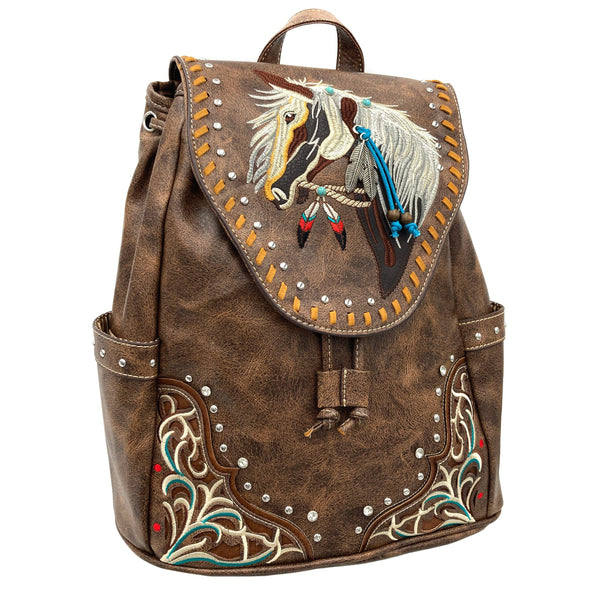 Embroidered Horse Western Brown Leather Backpack