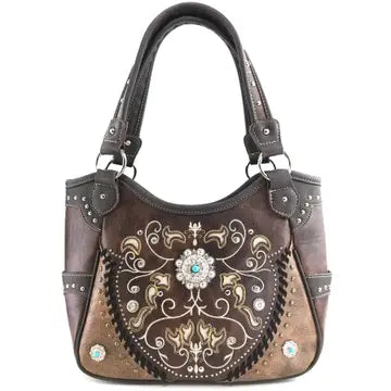 Western Concho Brown Floral Tote Purse for Women