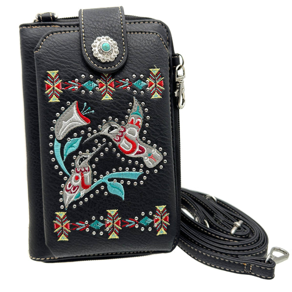 Native Embroidered Hummingbird Black Western Phone Wallet
