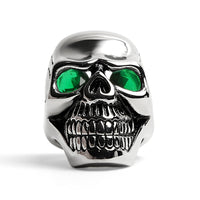 Stainless Steel Green CZ Eyed Cracked Skull Ring
