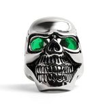 Stainless Steel Green CZ Eyed Cracked Skull Ring