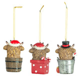 Bucket Gift Box Christmas Highland Cow Ornament 3 Ast