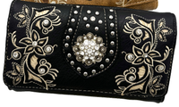 Rhinestone Concho Floral Black Crossbody Wallet