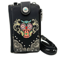 Black Phone Wallet Featuring Colorful Owl Embroidery