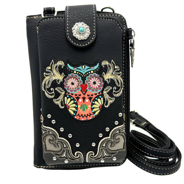 Black Phone Wallet Featuring Colorful Owl Embroidery