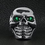 Stainless Steel Green CZ Eyed Cracked Skull Ring