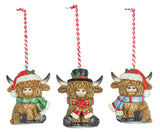 HOLIDAY HIGHLAND COW ORNAMENT 3 ASSORTED
