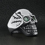 Stainless Steel Green CZ Eyed Cracked Skull Ring