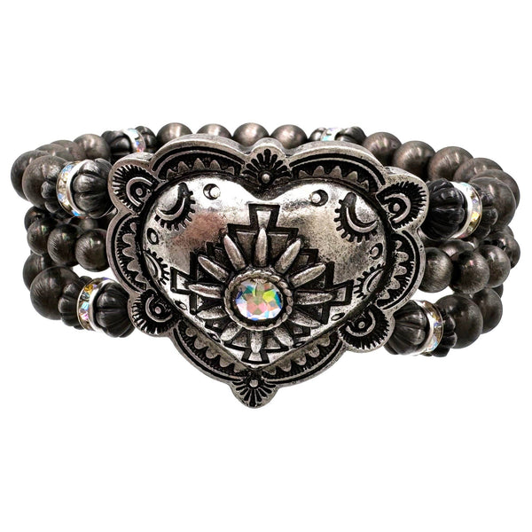 Silver Western Heart Navajo Bead Stretch Bracelet
