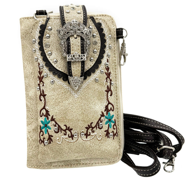 Crown Buckle Weste Beige Embroidered Floral Phone Wallet