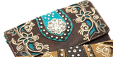 Rhinestone Concho Floral Brown Crossbody Wallet