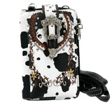 Crown Buckle Cow Print Floral Western Phone Wallet: Brown