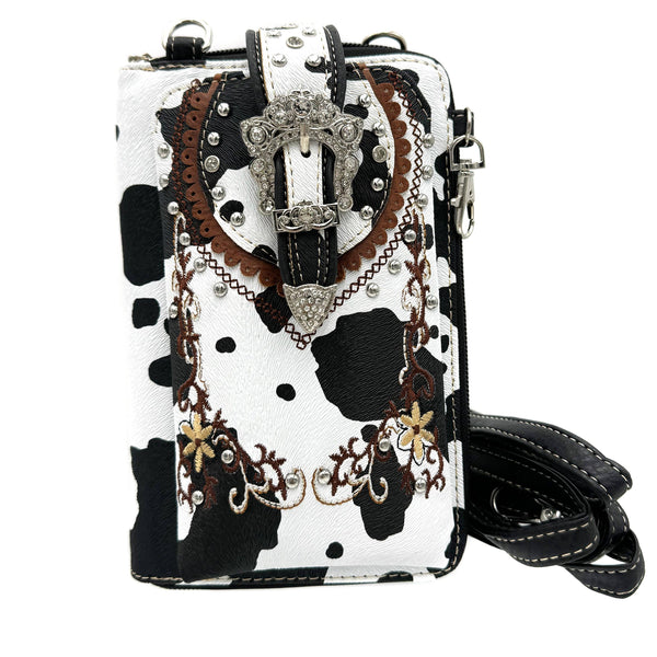 Crown Buckle Cow Print Floral White Western Phone Wallet