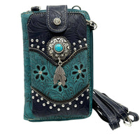 Turquoise Stone Feather Tooled Leather Western Phone Wallet