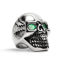 Stainless Steel Green CZ Eyed Cracked Skull Ring