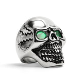 Stainless Steel Green CZ Eyed Cracked Skull Ring