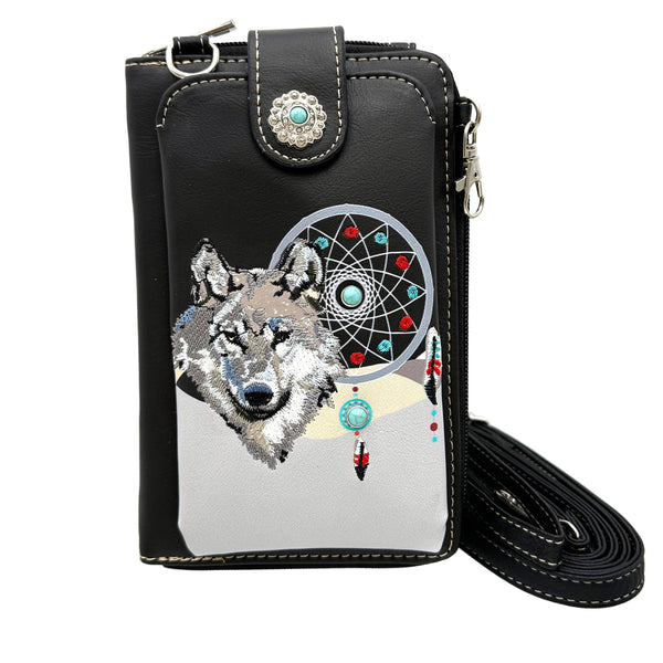 Wolf Tribal Dream Catcher Black Crossbody Western Phone Wallet