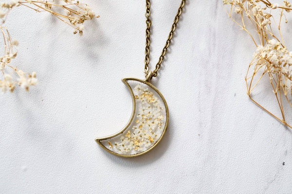 Moon in White & Gold Foil Mix Real Pressed Flowers and Resin Necklace