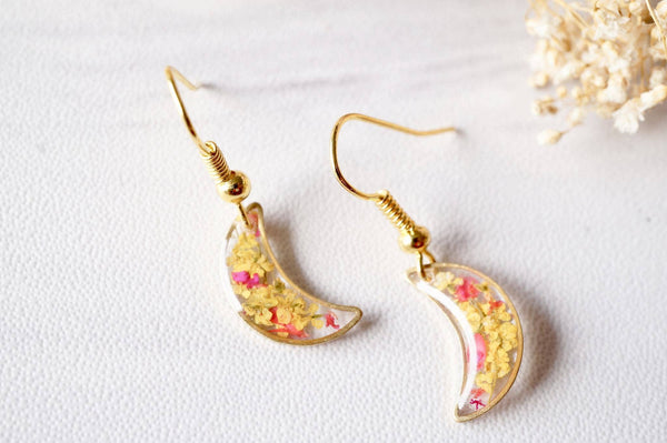 Gold Moons in Yellow & Red Real Dried Flowers and Resin Earrings