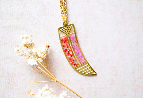 Real Pressed Flowers in Resin Brass Tribal Horn Necklace
