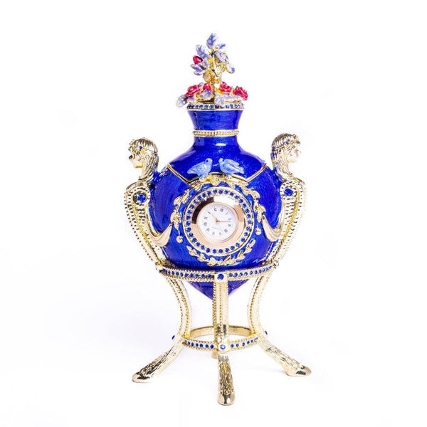 Blue Decorated Faberge Egg with Clock Trinket Box
