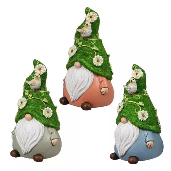 Gnome Figurines with Floral & Bird Accents