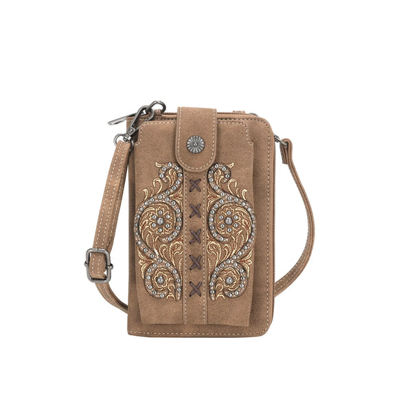 Montana West Floral Embroidered Collection Phone Wallet Crossbody - Brown