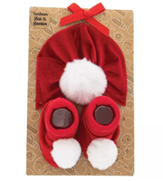 Turban Hat with Faux Fur Trim and Socks - Red