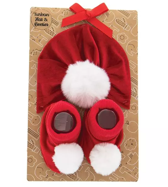 Turban Hat with Faux Fur Trim and Socks - Red