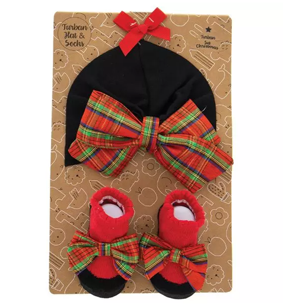 Turban Hat with Bow and Socks - Plaid