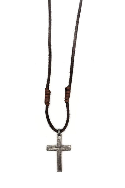 Aadi Simple Silver Cross on Leather Men's Necklace