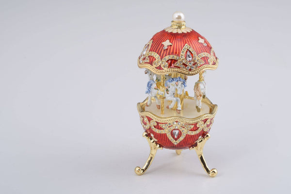 Red Wind Up Horse Carousel Faberge Style Egg Trinket Box