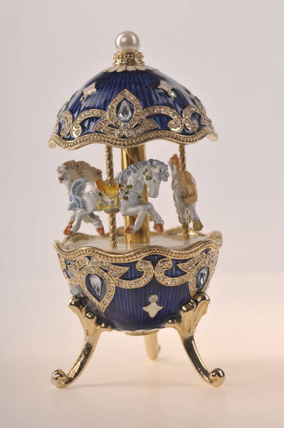 Blue Wind Up Horse Carousel Faberge Egg Trinket Box