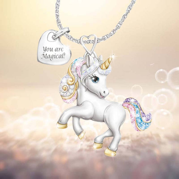 Rainbow Unicorn Pendant Necklace You are Magical Heart