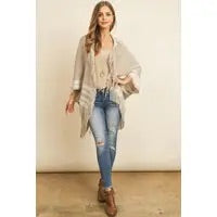 BEIGE FRINGE STRIPE OPEN FRONT KIMONO